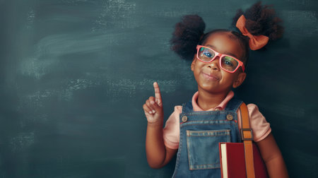 Portrait of a cute african american girl in eyeglasses showing victory signの素材