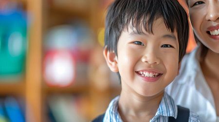 Portrait of little asian girl smiling and looking at camera in the kitchenの素材