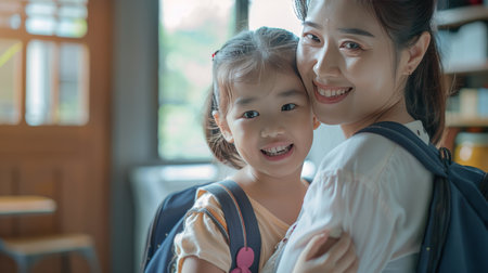 Portrait of asian little girl with her mother in coffee shopの素材