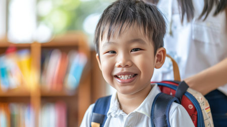 happy asian little boy with backpack and mother walking in the parkの素材