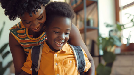 Cute african american schoolboy with backpack smiling at cameraの素材