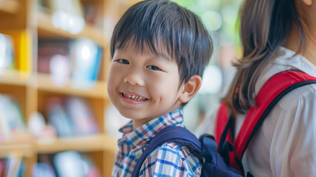 Happy asian little boy with mother in library. Education concept.の素材