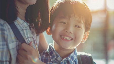 Happy asian mother and son go to school together in the morningの素材