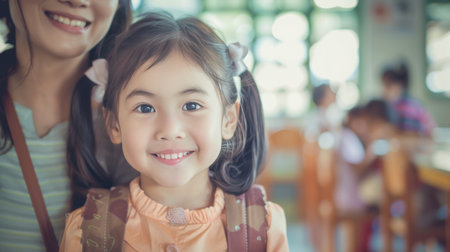 Portrait of happy asian little girl with her mother at schoolの素材