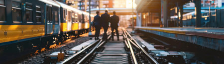 Railway station in the evening with people on the platform, blurred motionの素材