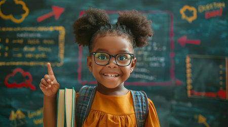 Portrait of cute african american schoolgirl in eyeglasses against blackboardの素材