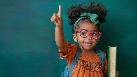 Portrait of cute african american little girl in glasses holding books and pointing up at blackboardの素材