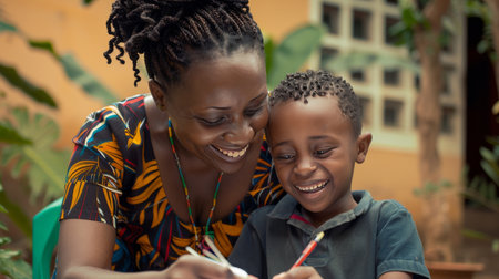 Happy African American mother and son drawing with pencils in the gardenの素材