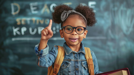 Portrait of a cute little african-american girl in glasses and a backpack holding a book while standing in front of a blackboard.の素材