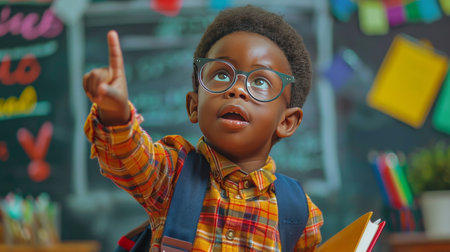 Cute african american schoolboy in eyeglasses at classroomの素材