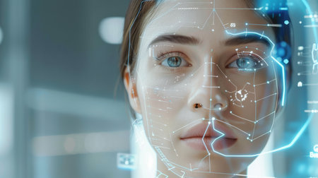 The image shows a young woman with a serious expression on her face. She has brown hair and blue eyes, and she is wearing a white lab coat. A digital representation of her face is superimposed on her real face, showing various data points.の素材