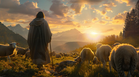 The photo shows a shepherd with his sheep in a beautiful landscape. The shepherd is wearing a long robe and is holding a staff. The sheep are grazing on the grass. The sun is setting in the background. The photo is peaceful and serene.の素材