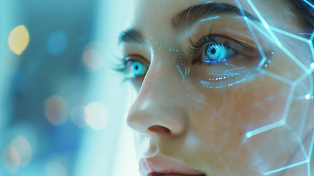 Portrait of a beautiful young woman with blue eyes and a futuristic glowing circuit pattern on her face.の素材