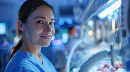 A female doctor or scientist wearing blue scrubs is working in a laboratory or hospital setting.の素材