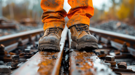 Worker wearing orange workwear standing on a railway trackの素材