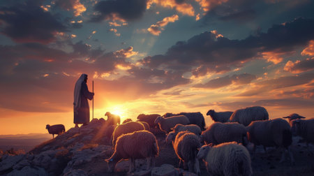 Shepherd with his sheep at sunsetの素材