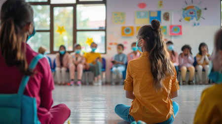 The photo shows a group of children sitting on the floor in a classroom. The teacher is sitting in front of them. The children are all wearing masks.の素材