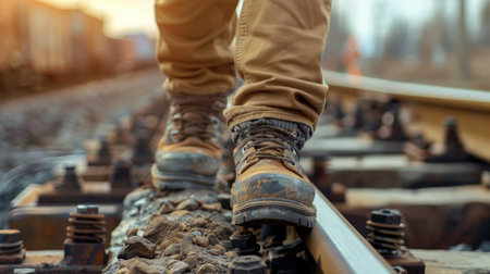 Close-up of a man's feet in work boots walking on a railroad tie.の素材