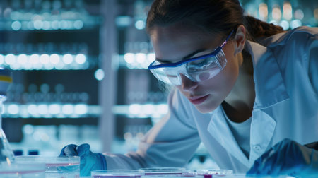 Stock photo of a biotech scientist viewing cultures in petri dishes, focusing on biotechnology research and development 64 k --ar 16:9 Job ID: d73ea2b0-5627-4550-8713-58c68cec601dの素材