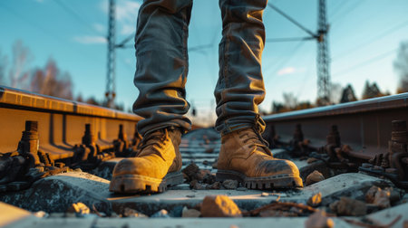 Man in work boots standing on railroad tracksの素材