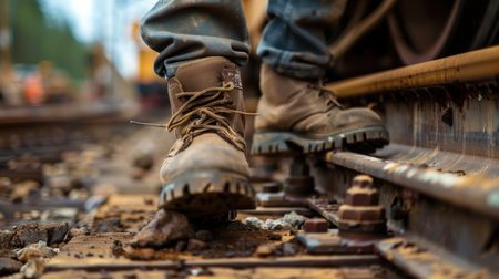 Close-up image of a man's feet wearing brown leather work boots walking on a railroad tie.の素材