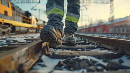 Man walking on railroad tracksの素材