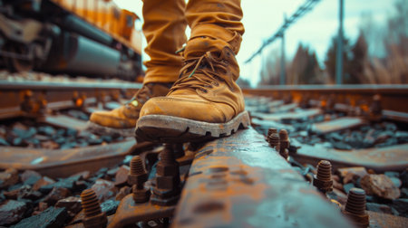 Close-up of a person's feet in brown boots walking on a railroad tie.の素材