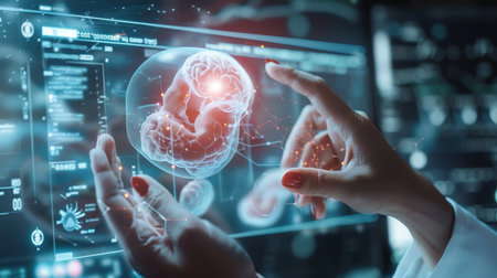 The photo shows a 3D rendering of a fetus in a woman's womb. The fetus is surrounded by a blue-green light.の素材