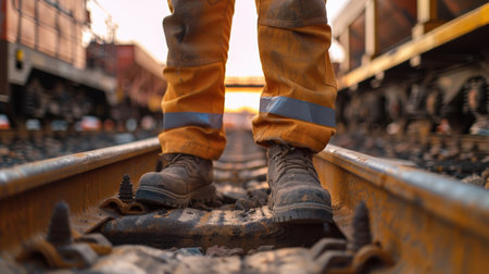Railway worker standing on the tracks wearing orange workwear and safety bootsの素材