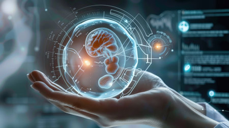 The image is a 3D rendering of a human embryo in the palm of a hand. The embryo is surrounded by a blue and white glowing sphere. The background is a dark blue with a circuit board pattern.の素材