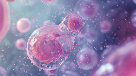 3D illustration of a group of pink and blue cells floating in a blue liquid.の素材