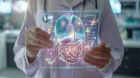 Doctor examines virtual projection of internal organsの素材