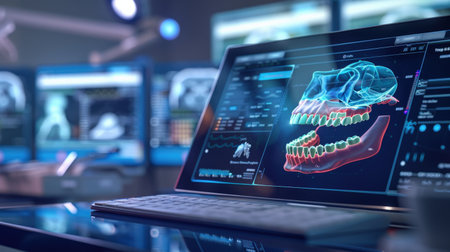 A laptop sits on a table in a laboratory. The screen shows a 3D model of a human jaw.の素材