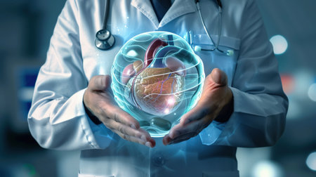 The photo shows a doctor holding a glowing blue heart in his hands. The doctor is wearing a white lab coat and a stethoscope around his neck. The background is blurred.の素材