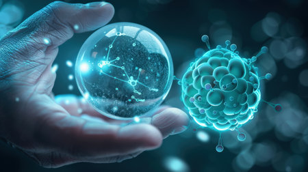 The image is a blue glowing sphere in a person's hand with a virus floating nearby.の素材