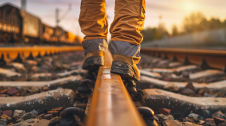 Man walking on railroad tracks during sunsetの素材