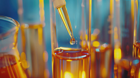 Laboratory glassware containing chemical liquid, science research and development concept.の素材