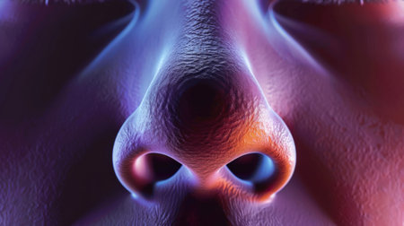 The image is a close-up of a human nose. The nose is lit up in a way that makes the skin look shiny and smooth. The image is very detailed and realistic.の素材