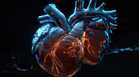 3D illustration of a human heart with blue veins and red arteries on a dark blue background.の素材
