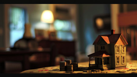 House model and coins on a table in a restaurant. 3d renderingの素材