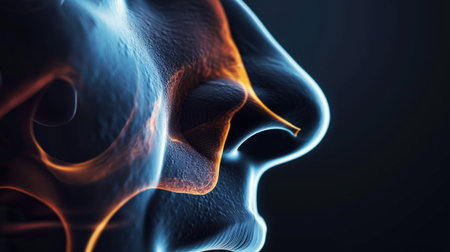 Blue and orange glowing human face in profile on a black background.の素材