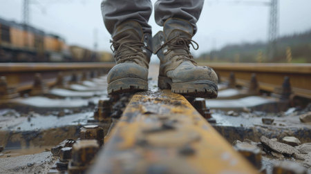 Close-up image of a person's feet standing on a railroad tie.の素材