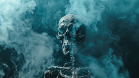 Skeleton with smoke on dark background. Halloween concept. 3d renderingの素材