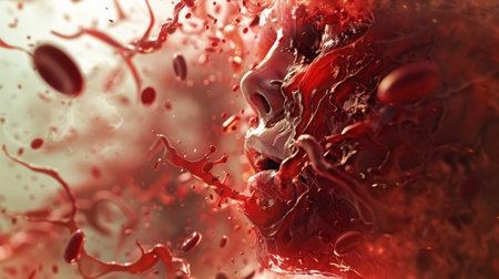 The image is a depiction of a person's face covered in blood. The face is in a state of agony, with the eyes wide open and the mouth slightly open. The blood is dripping from the face and pooling on the ground. The background is a dark, nondescript color.の素材