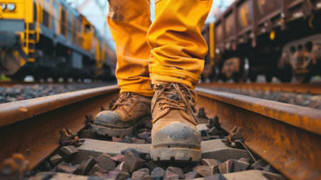 Close-up of a person's feet in work boots standing on a railroad tie.の素材