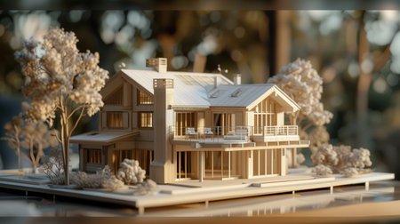 3d illustration of a model of a house made of wood.の素材