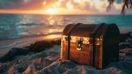 Treasure chest on the beach at sunset. Vintage style picture.の素材