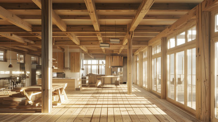 Interior of a modern cafe with wooden walls, panoramic windows and wooden floor. 3d renderingの素材