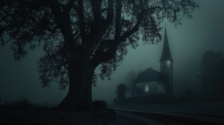 Old church in a dark foggy forest. 3d rendering.の素材