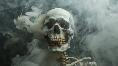 Skull and smoke on a dark background. Scary Halloween concept.の素材